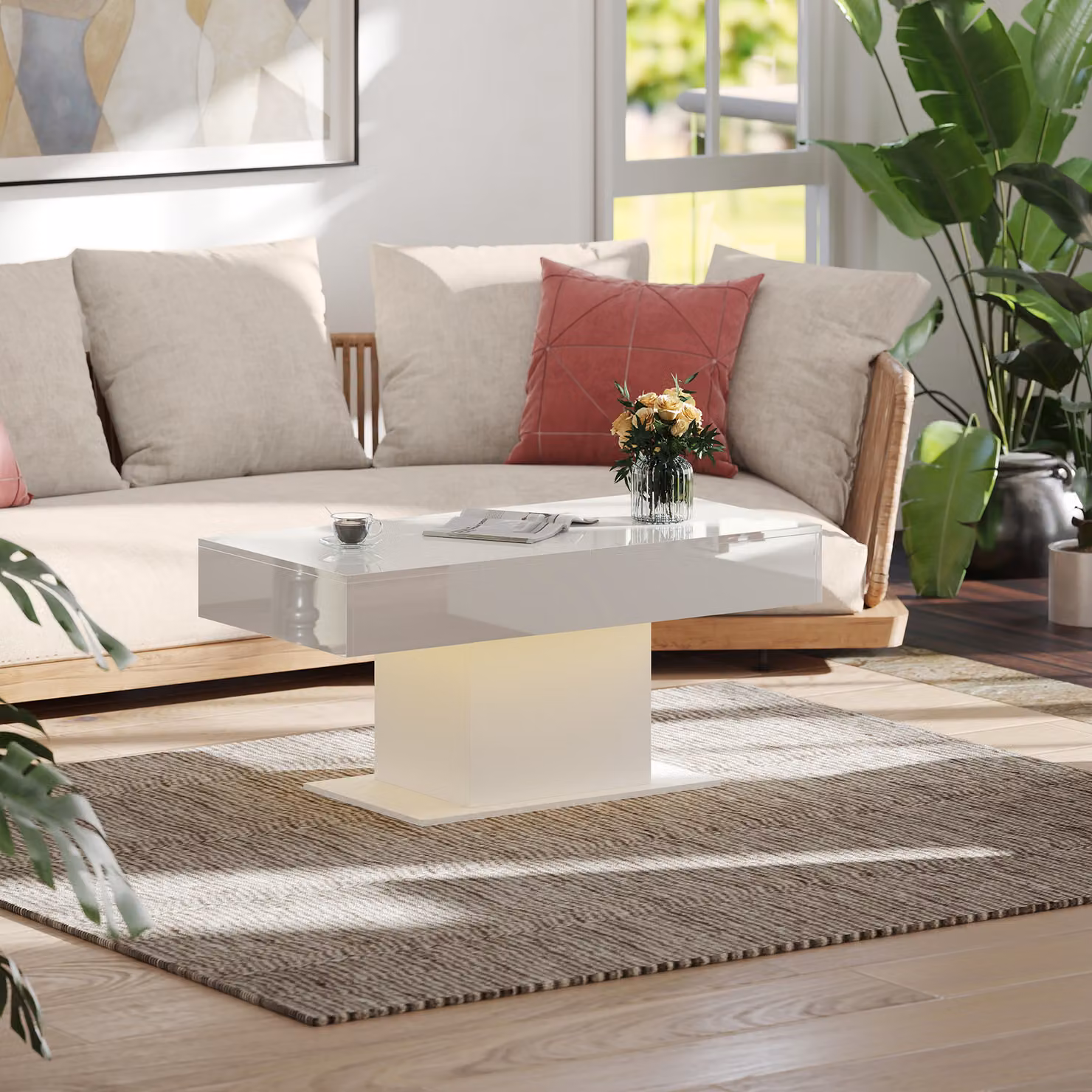 HOMCOM Extendable High Gloss White Coffee Table with LED Lights and Storage – 3