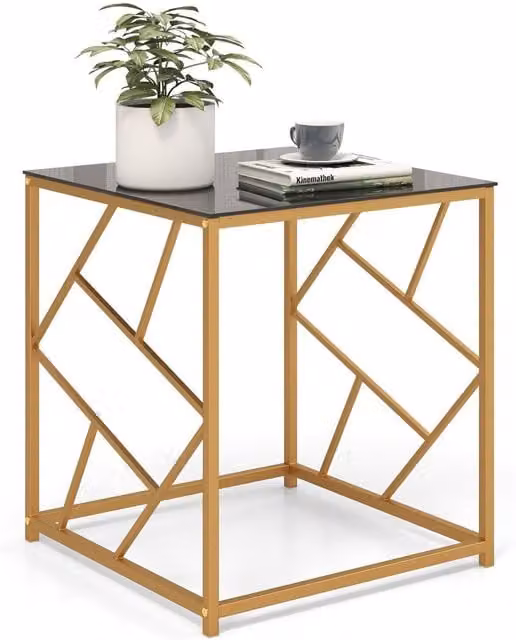 COSTWAY Square Glass Side Table in Black and Gold