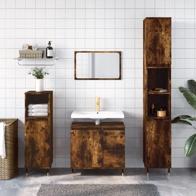 Berkfield Home Smoked Oak Bathroom Cabinet in Brown, W: 65 cm, D: 33 cm, H: 60 cm – 1