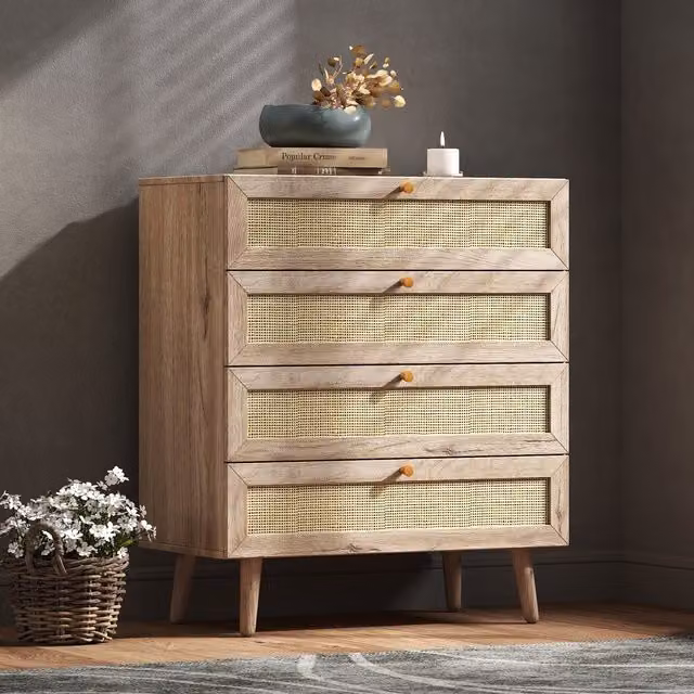 Swish Furniture Willow Rattan 4 Drawer Chest of Drawers in Oak Brown