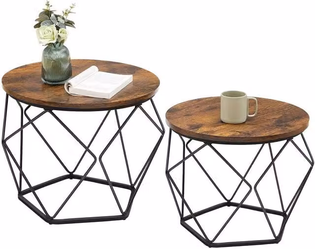 FORGEVIO Industrial Geometric Nesting Coffee Tables in Rustic Brown and Black, W/D/H: 50 cm x 50 cm x 40 cm and 40 cm x 40 cm x 36 cm