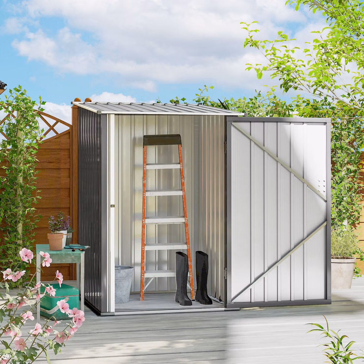 Outsunny Grey Galvanised Steel Lean-To Pent Garden Shed with Locking Single Door – 2