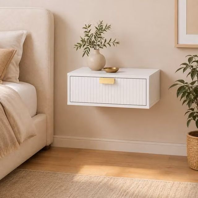 STILVORA Set of 2 Modern White Wall Mounted Floating Bedside Tables with Drawer – 1