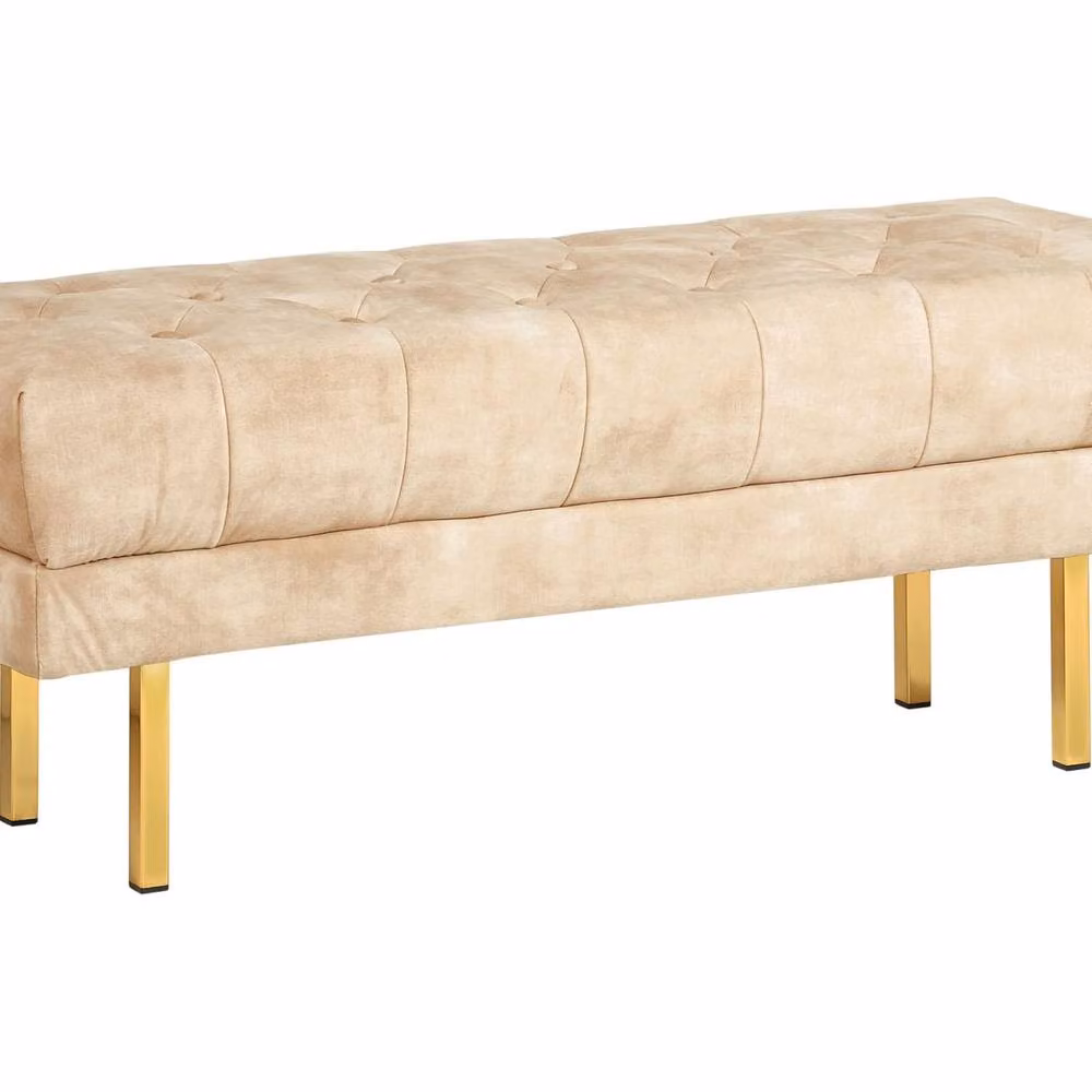Wyld and Coco Beige Tufted Velvet Bed Bench with Gold Legs – 2