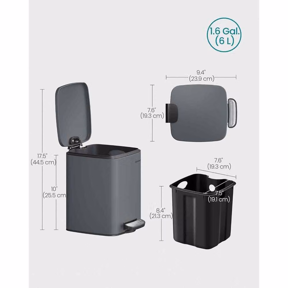 The Bazaarist Steel Pedal Waste Bin with Soft Close and Removable Inner Bucket, Dark Grey – 3