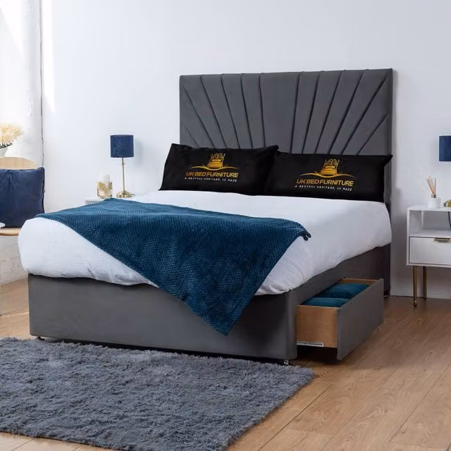 UK Bed Furniture Sunrise Divan Bed with 2 Drawers on Same Side and 26 Inch Headboard in Charcoal Grey, Size: King (W/D: 180 x 200 cm)