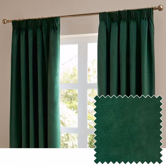 Make It A Home Emerald Green Velvet Room Darkening Pencil Pleat Curtain Pair, Width: 137 cm, Height: 229 cm