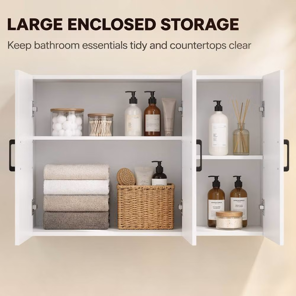 HOMCOM Wall Mounted White Bathroom Cabinet with Soft Close Hinged Doors and Internal Shelves, W: 90 cm, H: 65 cm, D: 30 cm – 2