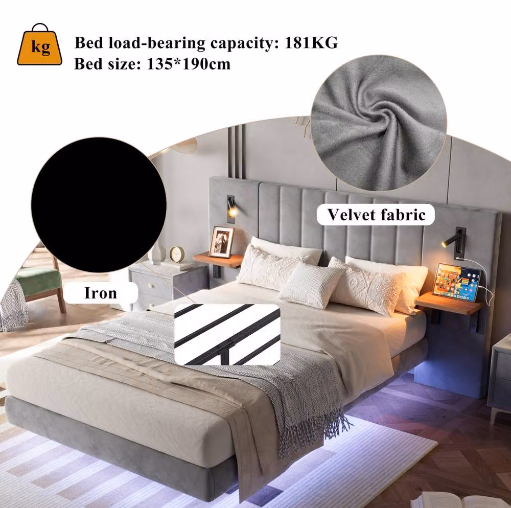 STILVORA Grey Velvet Upholstered Double Bed with LED Lighting, USB Charging Port and Bedside Shelves, W: 140 cm, D: 200 cm, H: 103 cm – 3