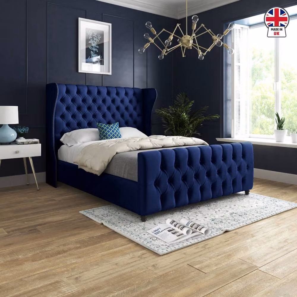 KDMD Kilburn Double Upholstered Velvet Designer Bed Frame in Blue, W/D/H: 140 x 200 x 137 cm – 3
