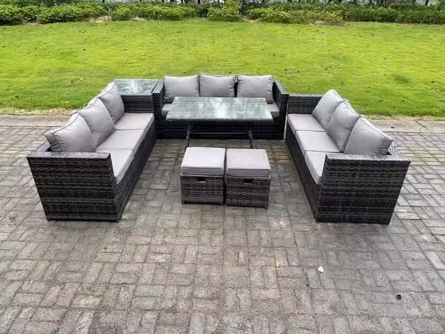 Fimous Rattan Outdoor Lounge Sofa Garden Dining Set with Dining Table, Side Table and 2 Small Footstools in Dark Grey