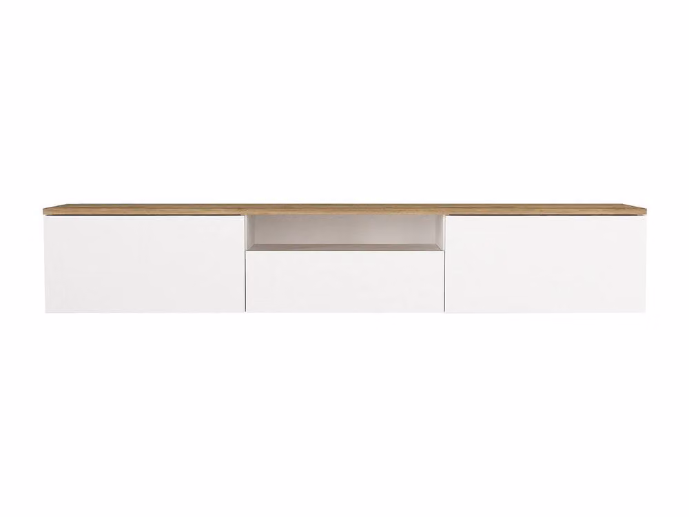Vente-unique Wall-Mounted Modern TV Unit with 3 Doors and 1 Open Shelf in White and Light Oak – 2