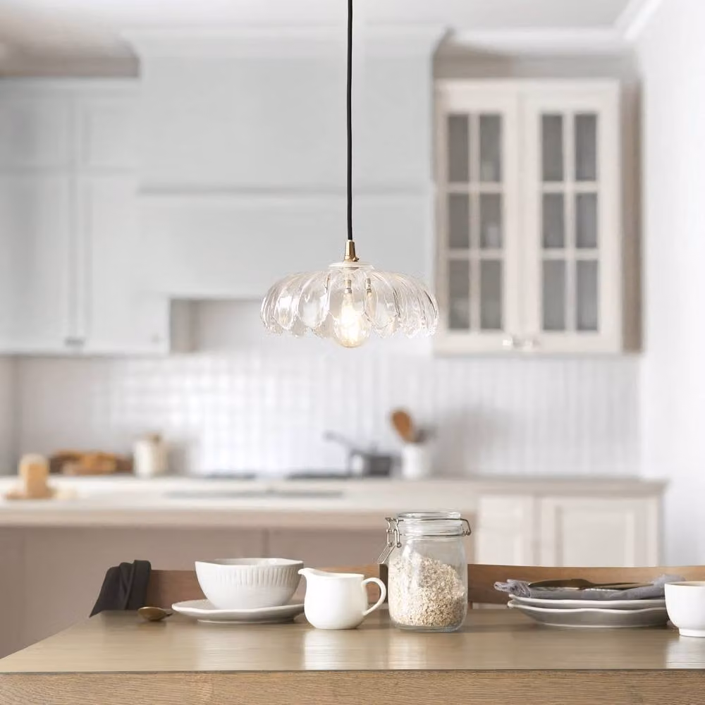 Netlighting Eltham Glass Pendant Light in Gold and Black with Transparent Camellia Glass and Black Braided Flex B22 – 2