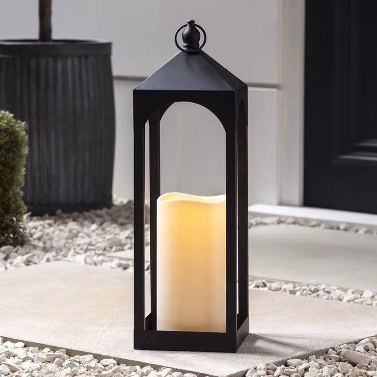 Lights4fun Extra-Large Black Metal Outdoor LED Candle Lantern with Flickering Warm White TruGlow, Timer and Weatherproof Design, H 50.5 cm x W 16 cm x D 16 cm