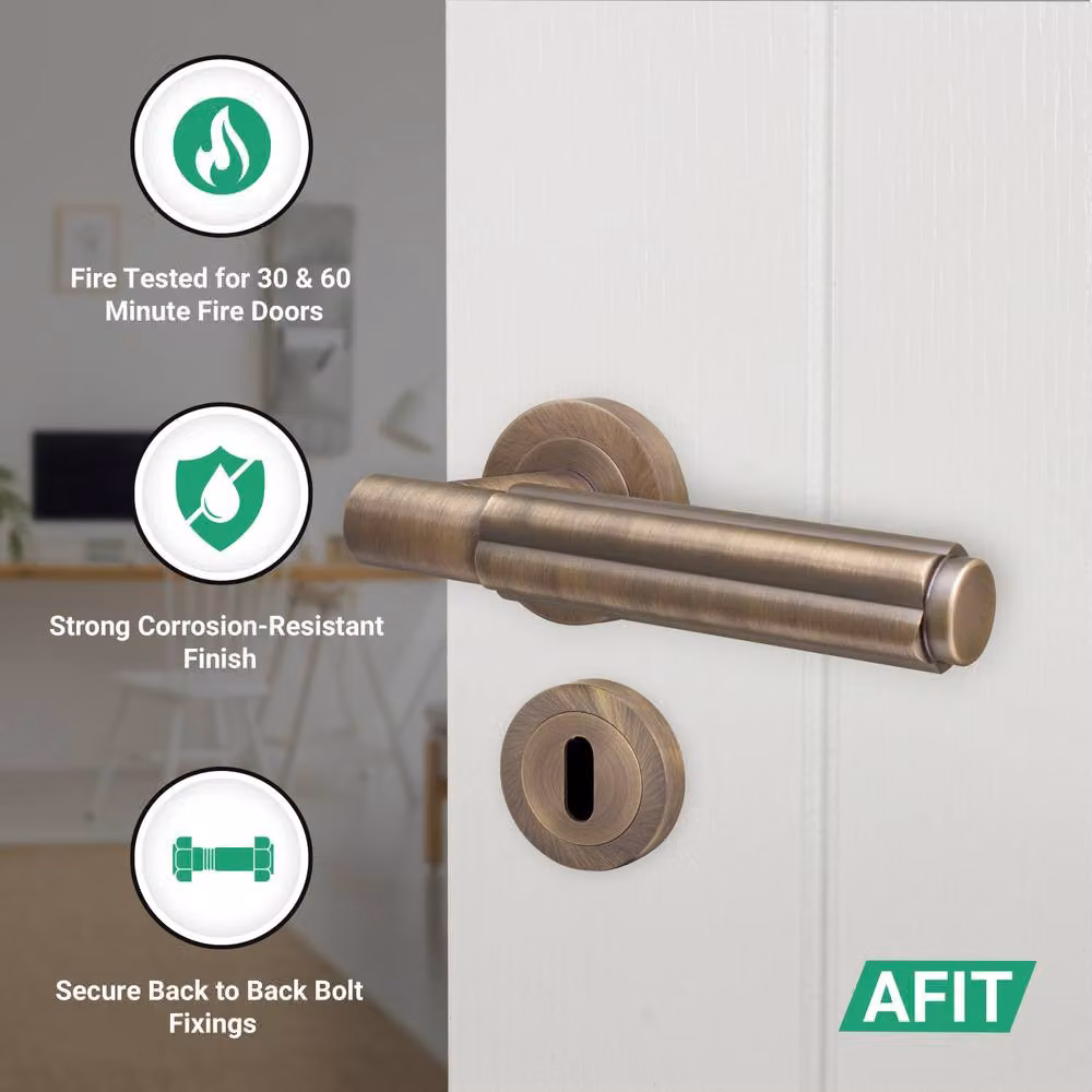 AFIT Antique Brass Fire Door Handle and Key Lock Set with Hinges in Bronze, 150 x 150 mm – 2
