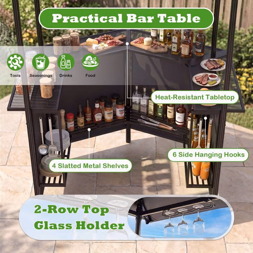 Gymax Outdoor Bar Set Including Grill Gazebo, Bar Table and 2 Folding Bar Stools in Grey – 6