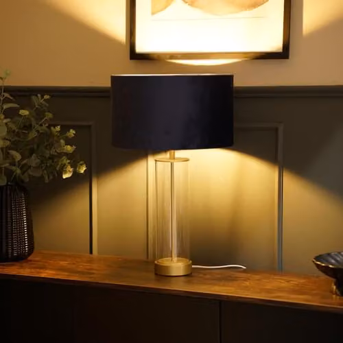 ValueLights Balan Glass and Gold Metal Table Lamp with Blue Fabric Cylinder Shade and LED Bulb – 2