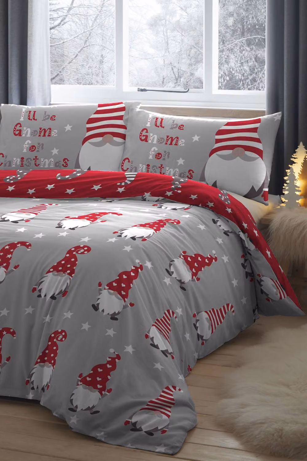 Fusion Christmas Gnome Reversible Microfibre Duvet Cover Set, Silver, 200 x 200 cm – 2