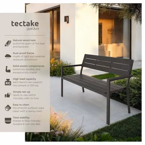 tectake 2-Seater Garden Bench with Metal and Wood Construction in Grey, W/D/H: 128 x 59 x 88 cm – 4