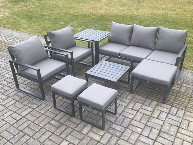 Fimous 8 Seater Aluminium Outdoor Lounge Sofa Set with Coffee Table and Ottomans in Dark Grey