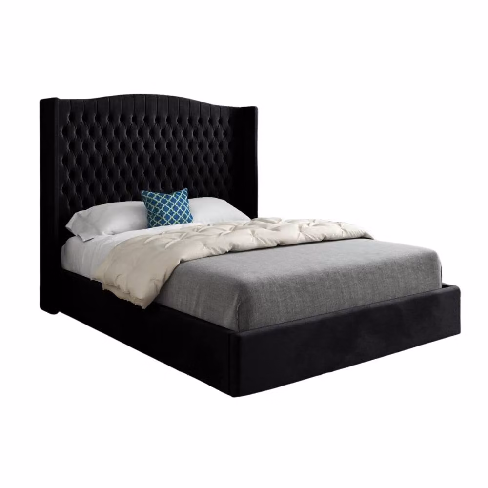 KDMD Stockcross Winged Upholstered Designer Bed Frame in Black Soft Velvet, W/D/H: 140 x 200 cm – 2