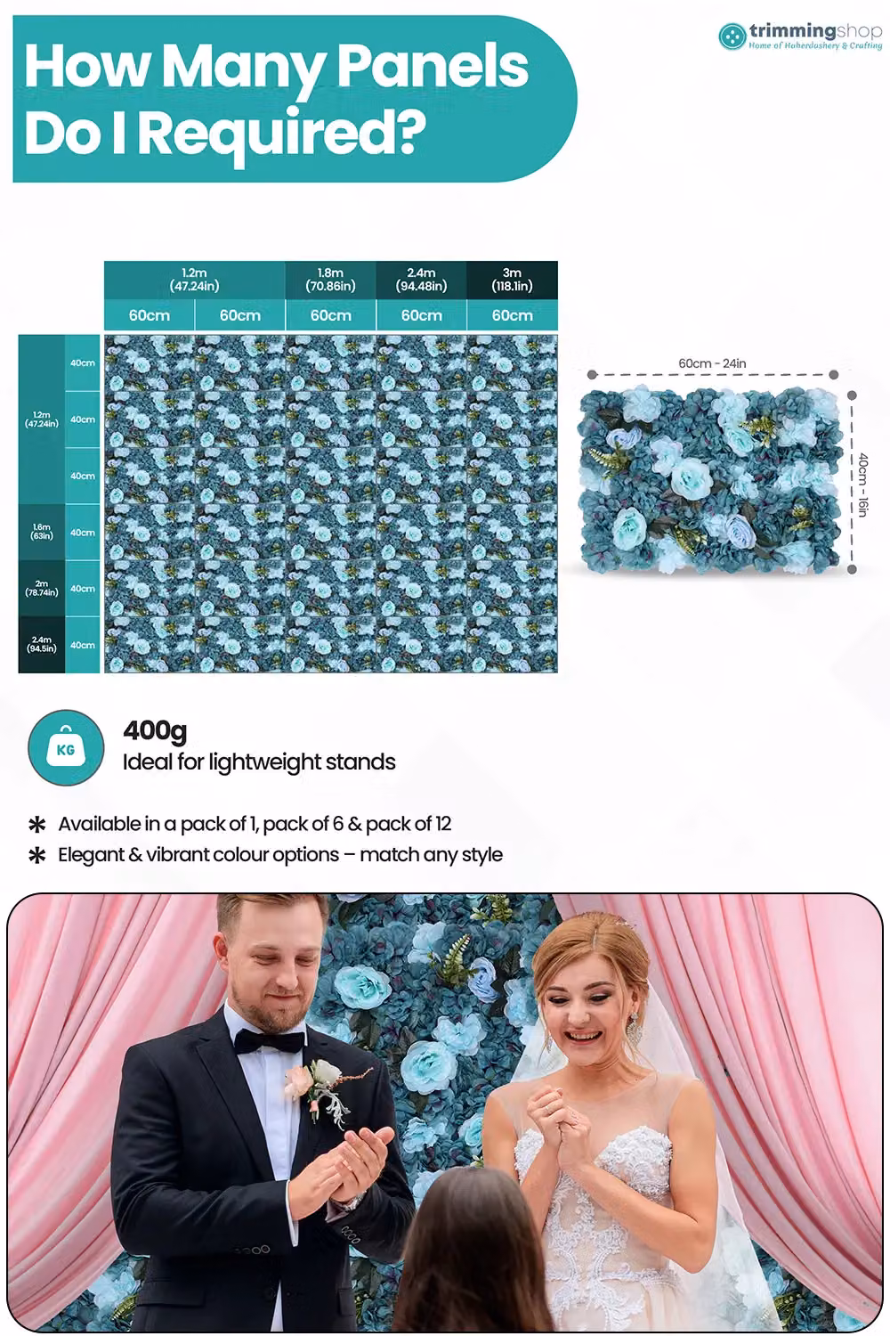 Neel Blue Hydrangea Artificial Floral Wall Panel in Turquoise and Teal for Wedding Decoration, W/D/H: 60 x 40 x 40 cm – 2