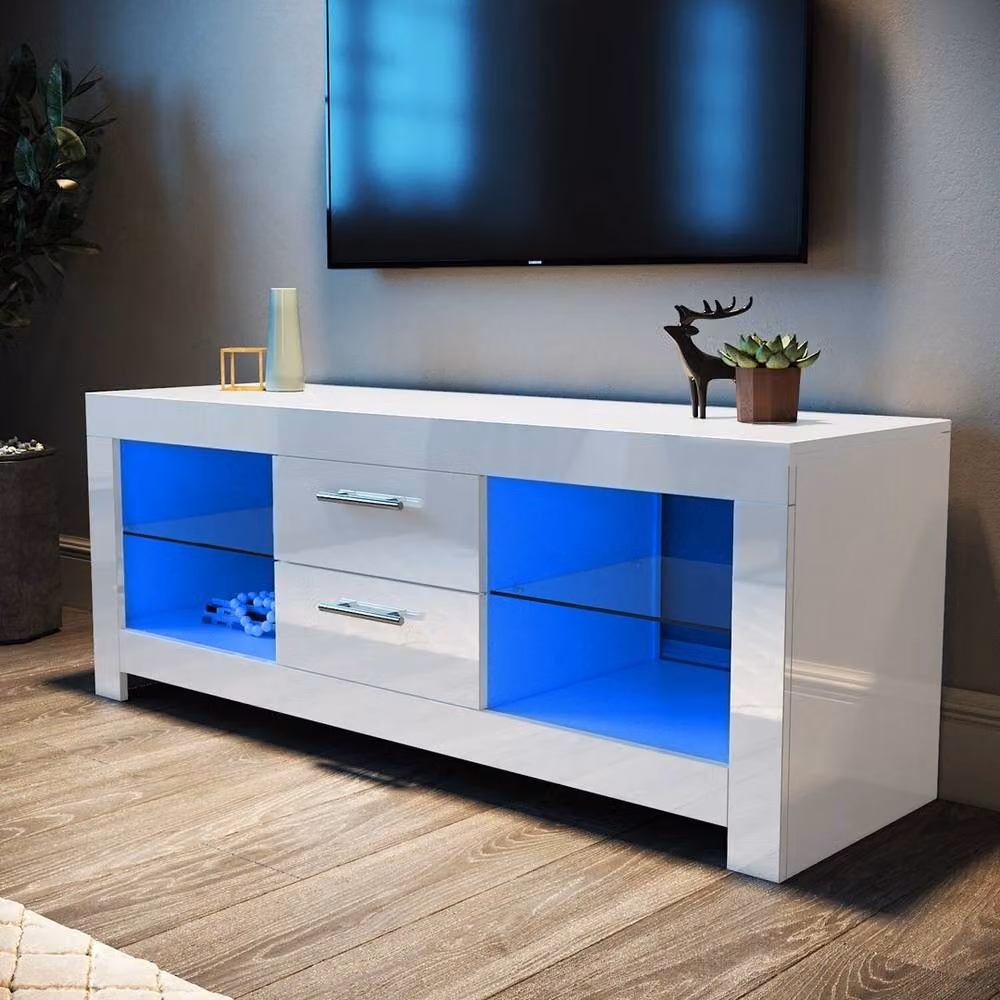 FLAVORA High Gloss White TV Stand Unit with Integrated Lighting, W/D/H: 130 x 40 x 50 cm – 5