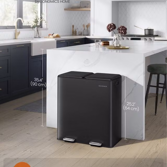 SONGMICS Double Pedal Kitchen Bin with Odour Filter and Removable Inner Buckets, Black, 2 x 8 Gallon
