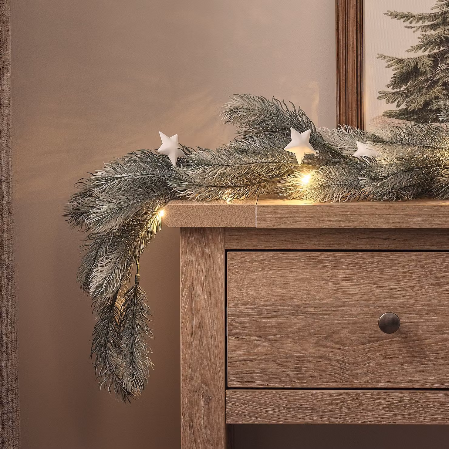 1.5m Pre Lit Frosted Pine and Star Christmas Garland with Warm White LED Lights and Timer, Green and Silver
