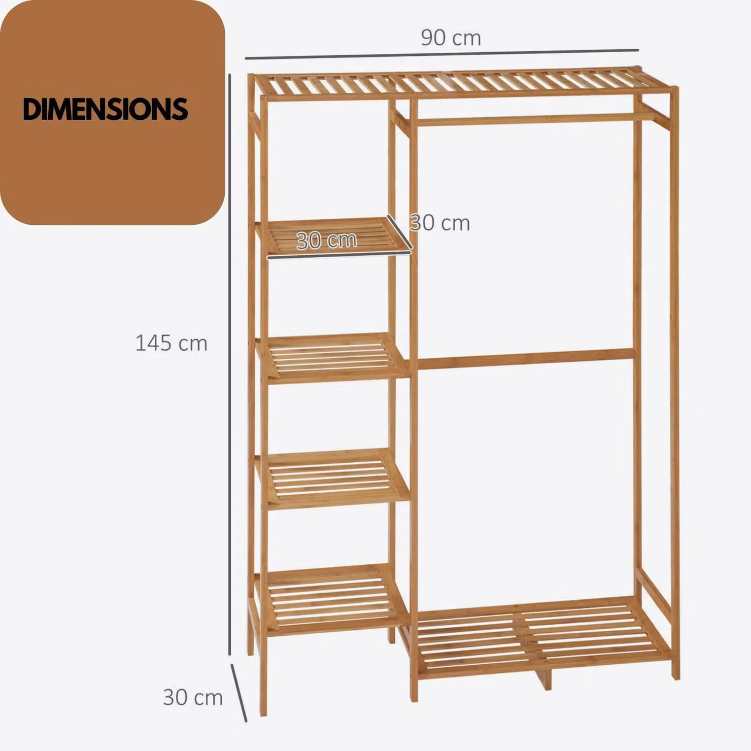 Rafaelo Mobilia 6 Tier Bamboo Open Wardrobe with Clothes Rail in Natural Brown, H: 145 cm x W: 90 cm x D: 30 cm – 4