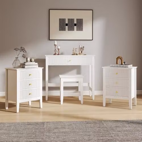 Melody Maison Hales White Lacquered Dressing Table, Stool and Pair of 3 Drawer Bedside Tables