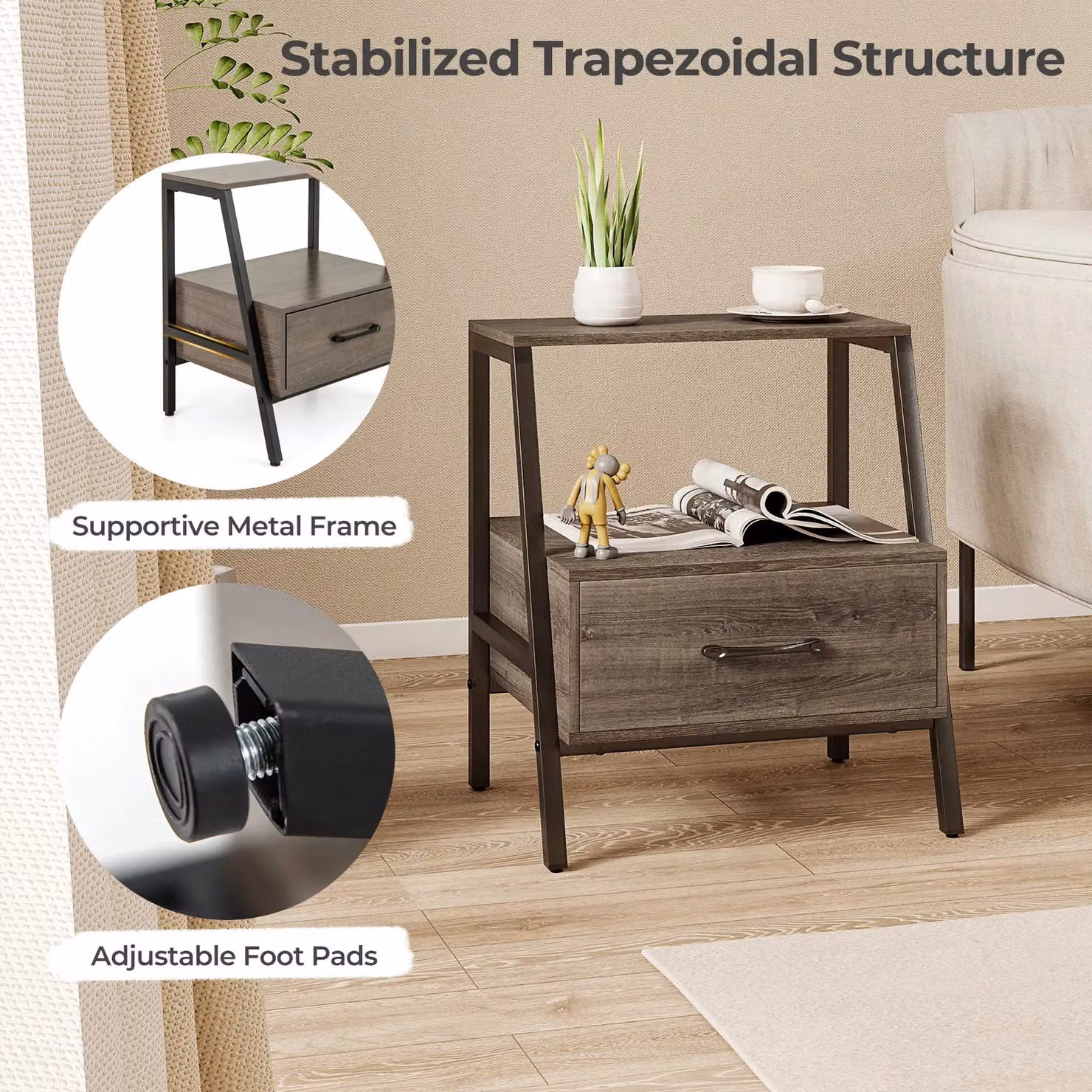 Gymax 3-Tier Bedside Table with Drawer and Open Shelf in Grey Oak – 5