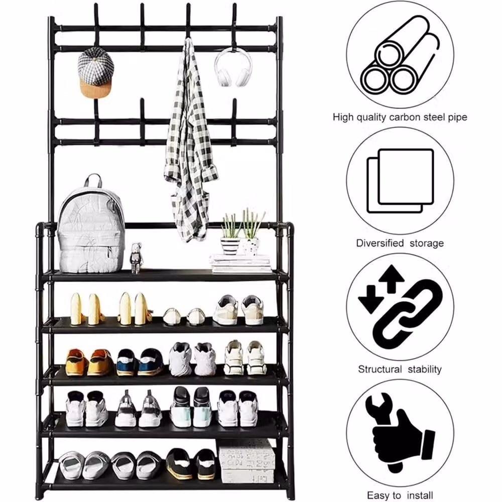 Nordara 5-Tier Large Shoe Rack and Coat Hanger Organizer in Matt Black – 2