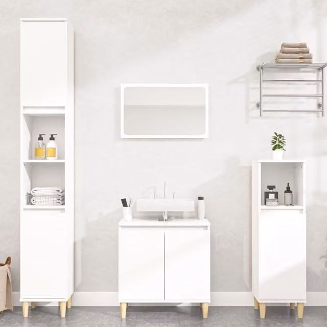 Berkfield Home 3 Piece Modern White Freestanding Bathroom Furniture Set with Tall Cabinet and Hinged Doors