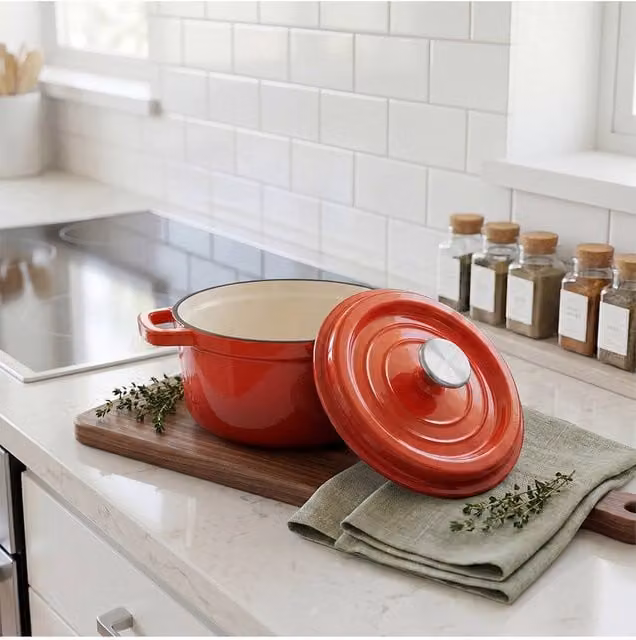 Living and Home Enamelled Cast Iron Dutch Oven Casserole Pot with Glass Lid, Red – 1