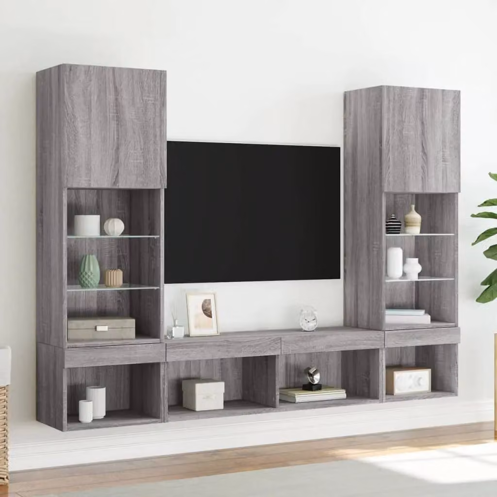 Berkfield Home 5 Piece Modern Grey Sonoma TV Wall Unit with Integrated LED Lighting and MDF Construction – 2