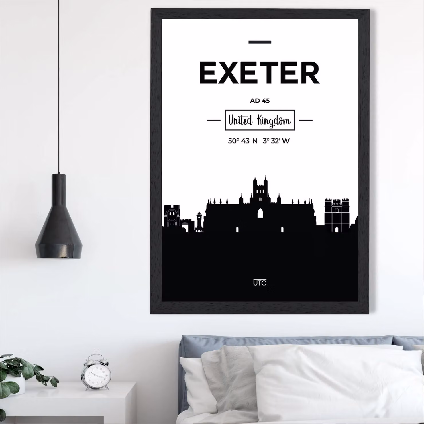 ARTZE Exeter Black and White City Skyline Framed Print in Black Frame, A3 – 2