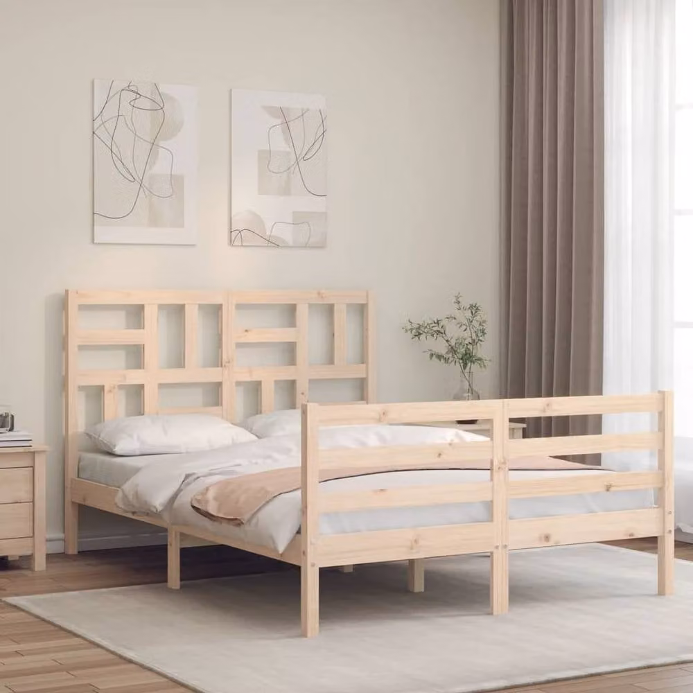 Berkfield Home Beautiful Bed Frame with Headboard in Beige Solid Pine Wood, W/D/H: 140 x 190 x 104 cm – 2