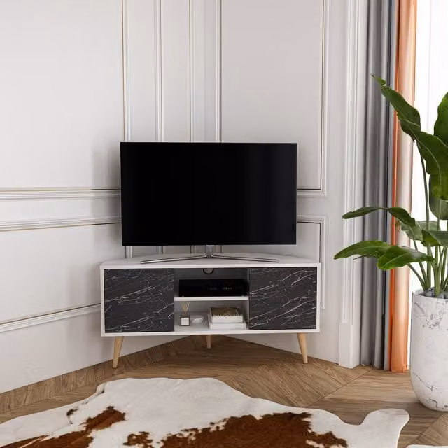 Decorotika Minimalist White and Black Marble Effect TV Unit with Cable Management