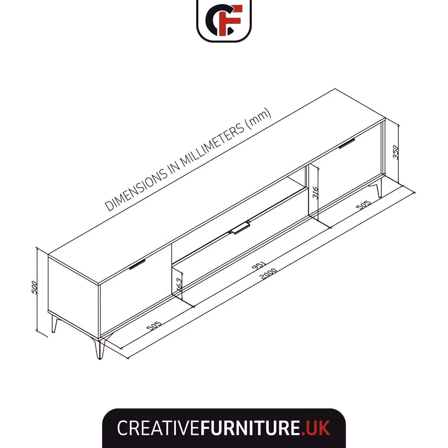 Creative Furniture Goldline Gloss TV Unit, Black and Gold, W/D/H: 200 x 50 x 35 cm – 2