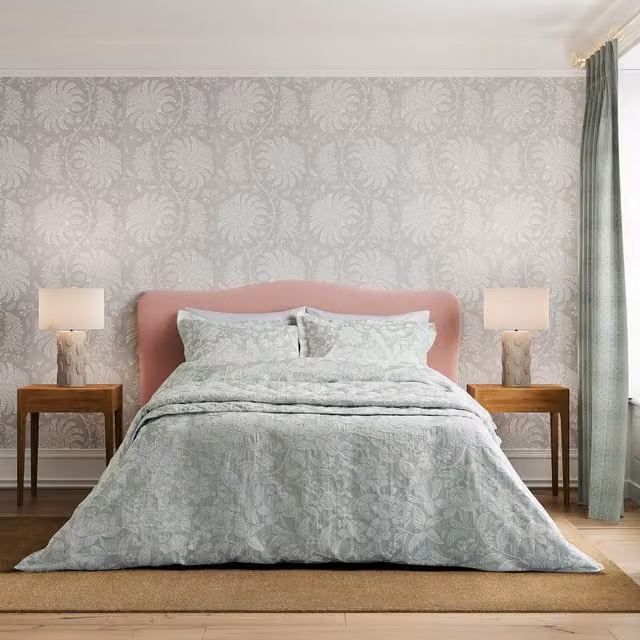 Sanderson Reversible Floral Jacquard Cotton Duvet Cover and Pillowcase Set in Turquoise Blue, W/D/H: 140 x 200 cm