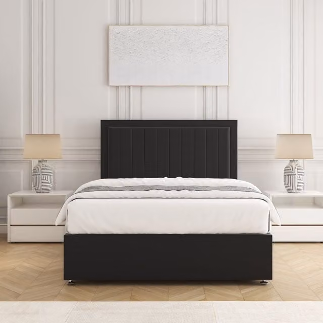 BSSPOKE Zarah King Size Divan Bed Set with 24 inch Plush Velvet Headboard and Mattress in Black, W/D/H: 180 x 200 cm