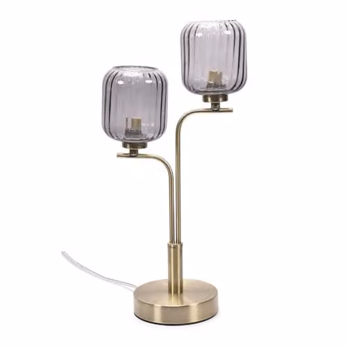 ValueLights Gold 2 Way Table Lamp with Smoked Ribbed Glass Shades and Included Bulb