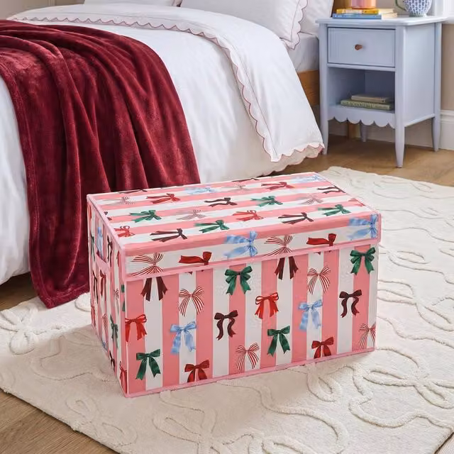 OHS Large Foldable Fabric Storage Box with Lid in Pink and White – 3