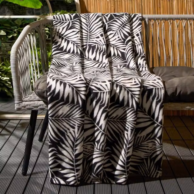 OHS Tropical Leaf Floral Fleece Throw Blanket in Black