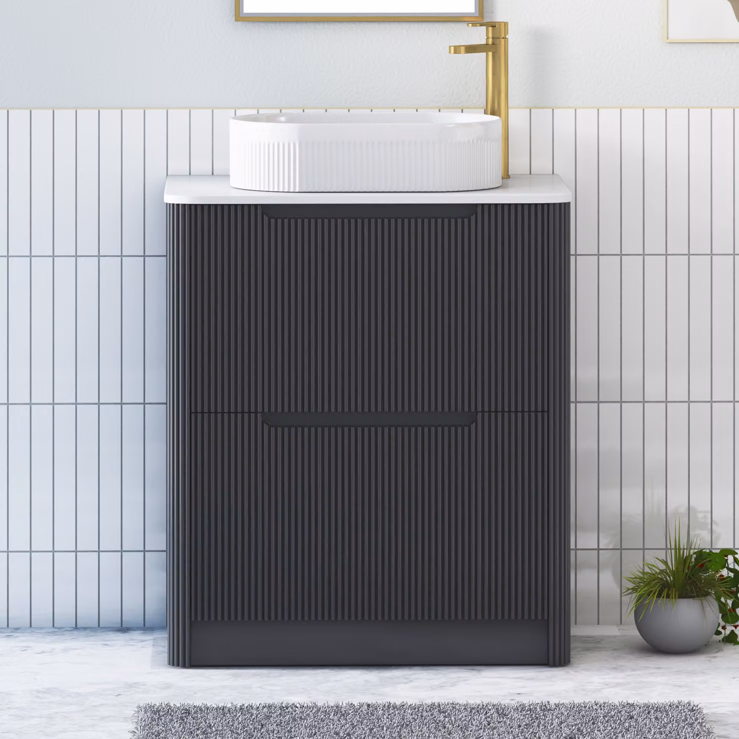 Royal Bathrooms Avenza 800mm Floor Standing Vanity Unit with 2 Drawers, Matt Obsidian Black and Plain White Worktop with Lyon Basin