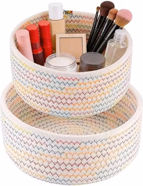 Kelvenix 2-piece stackable open weave cotton rope storage baskets in multicolour – 1