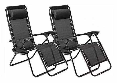 Gr8 Garden Set of 2 Black Textilene Zero Gravity Reclining Garden Chairs with Side Table and Cup Holder