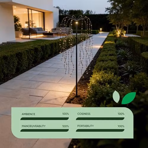 Gardenwize Solar Powered 1.2m Weeping Willow LED Tree with 200 LEDs in White or Black – 3