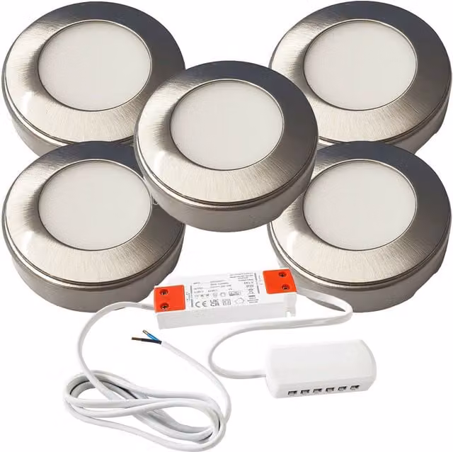 Loops 5x Brushed Nickel Round Under Cabinet Kitchen LED Light and Driver Kit in Silver – 1